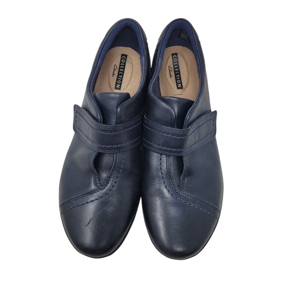 Clarks Women's Size 9 Navy Blue Leather Loafers Comfort Adjustable Strap Wedge - Picture 10 of 12